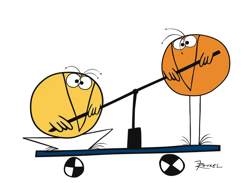 Two Shadoks, round orange and yellow birds on thin legs, working
                a see-saw lever mounted on a small wheeled platform. Signed Rouxel.